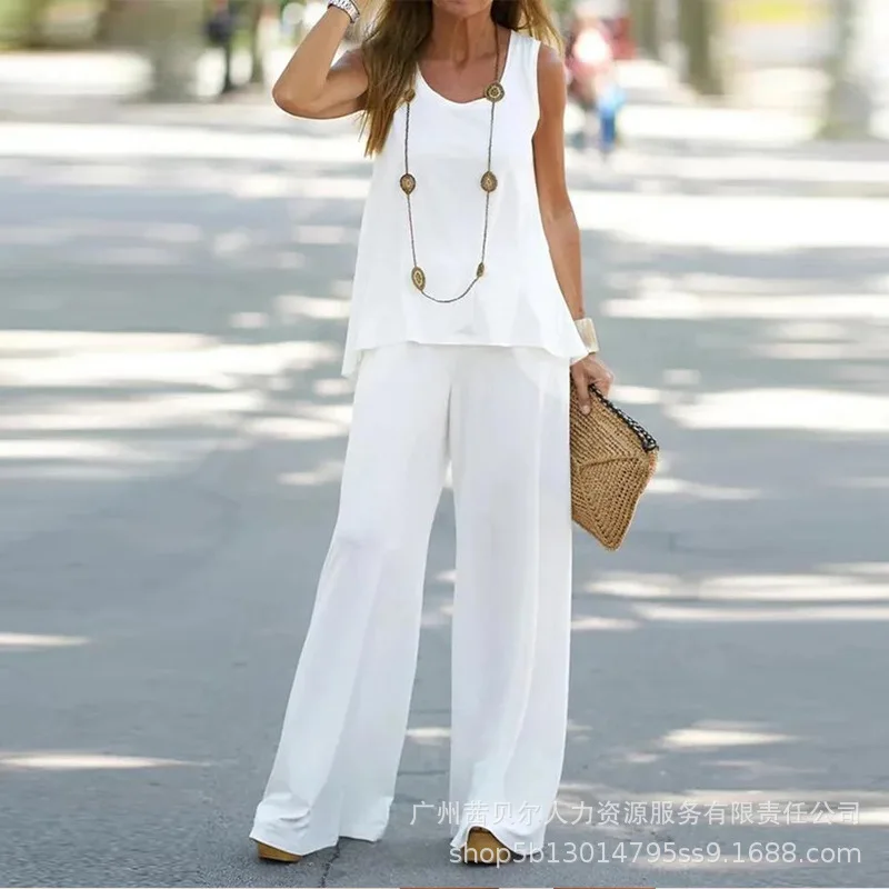 

Women's Solid Color Loose Two-Piece Suit Suit Women Sleeveless O-Neck Pullover Vest Top High Waist Wide Leg Pants Trousers Suit