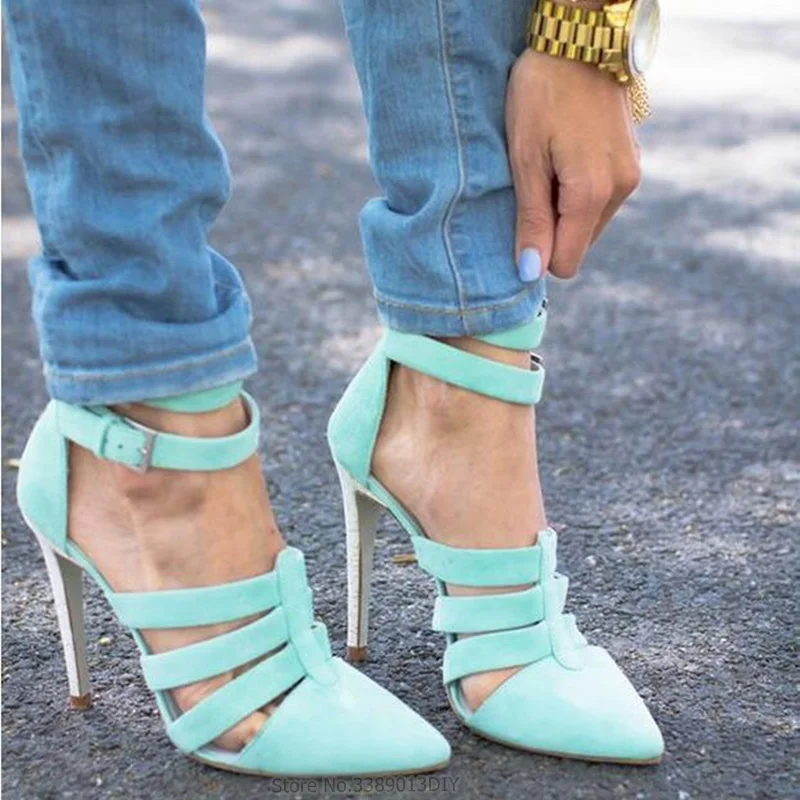 

Light blue pointed toe suede women sandals hollow out high heel sandals fashion ankle buckle sandals stiletto heel pumps