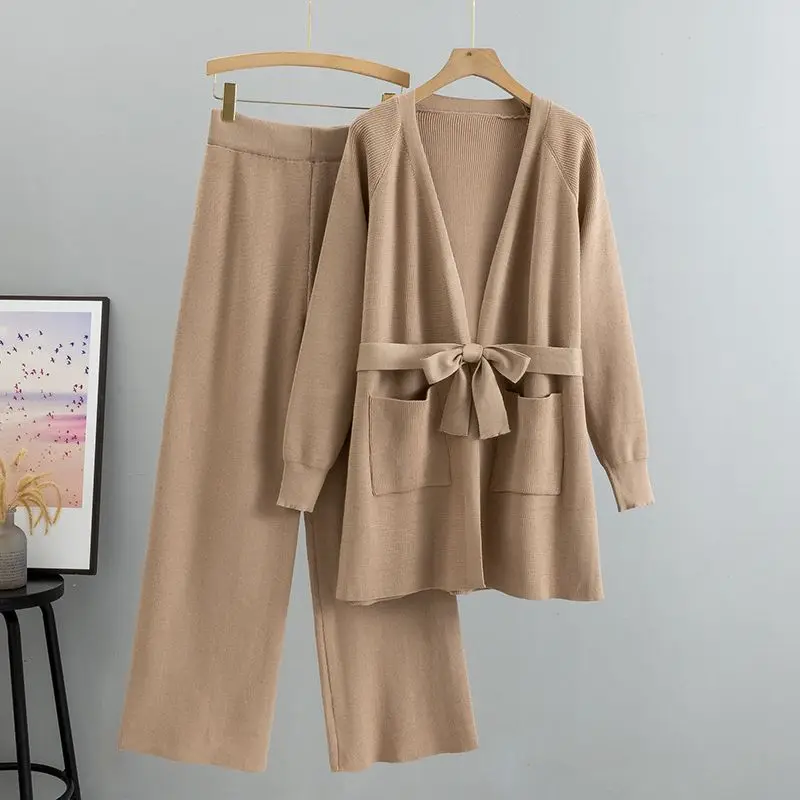 

Women Long Open Cardigan Sweater Tracksuits Big Pocket Woman Cardigans Wide Leg Pants Suits 2 Pieces Sets