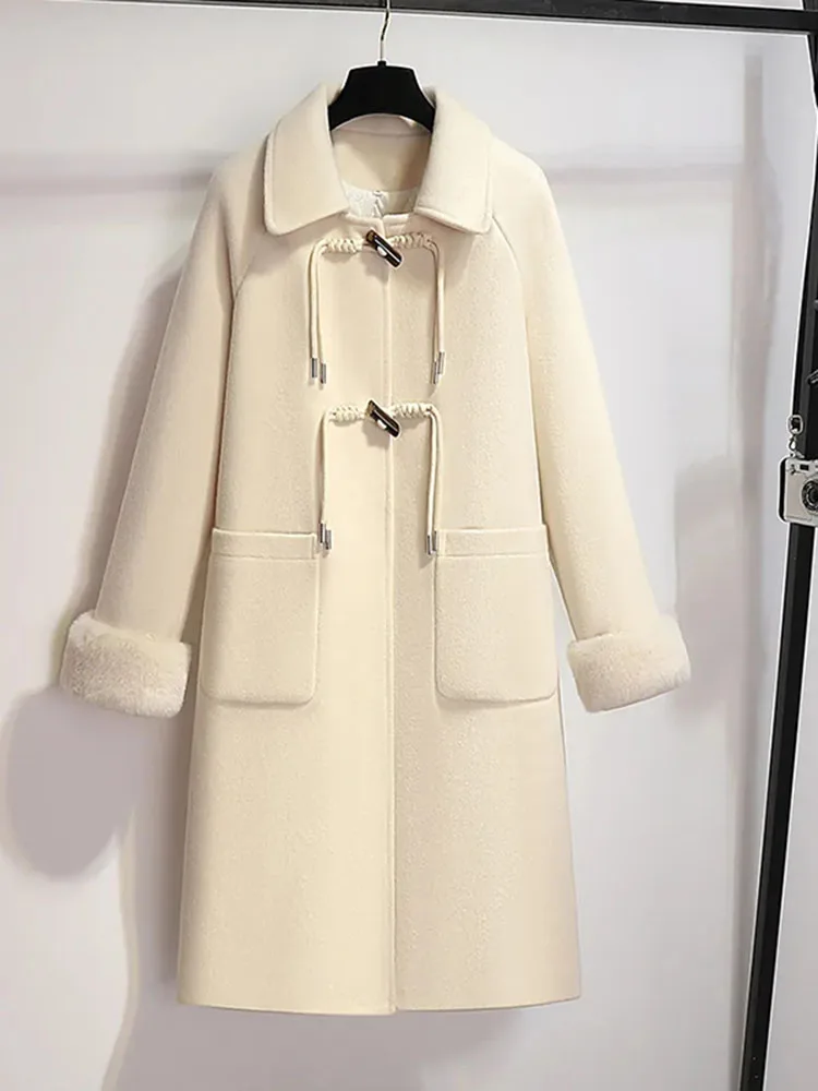 Шерстяное пальто средней длины с меховым воротником шерстяное для женщин зимняя