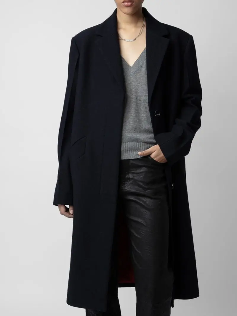 

Женское пальто, новинка осень-зима 2023, модное и великолепное длинное шерстяное пальто с воротником-поло, ветровка