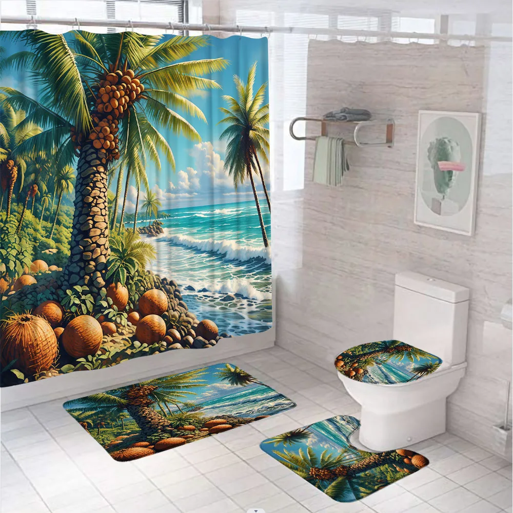 Тропический кокосовая пальма набор для ванной комнаты с занавеской душа коврик