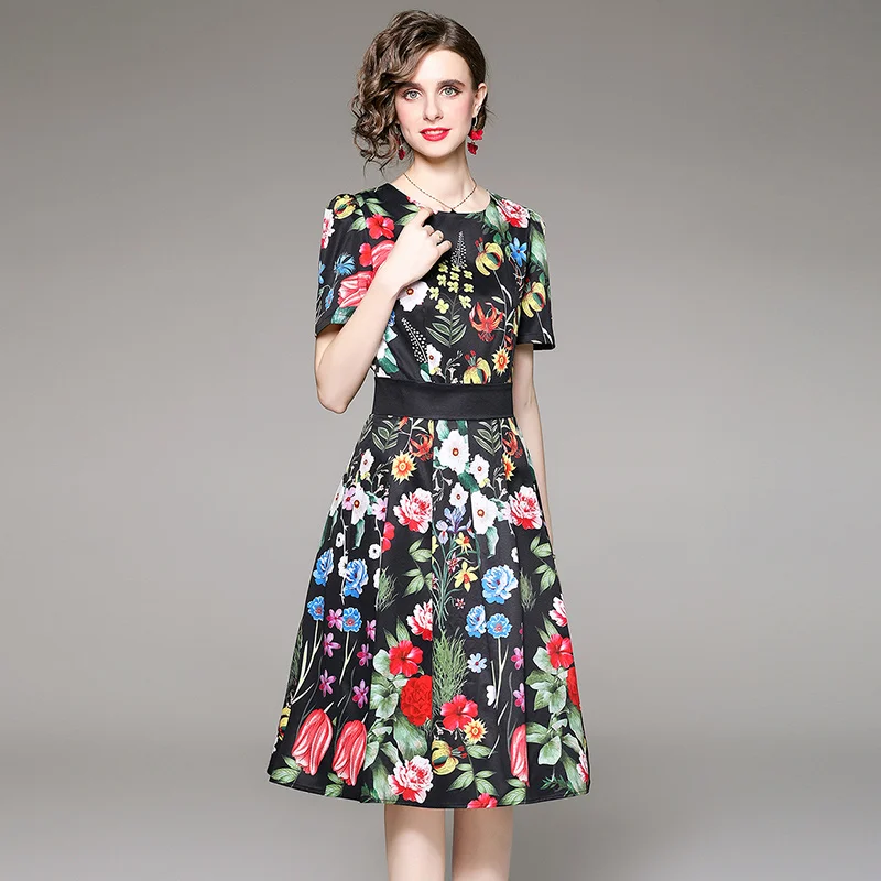 

Summer Fashion Floral Print Casual Dress Women's Short Sleeve High Waist Balck Vintage Party Knee-length Dress