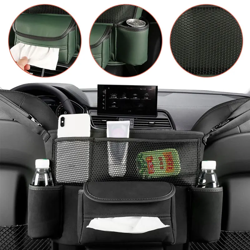 

Leather Car Organizer Between Front Seats Storage Bag Hanging Auto Consoles Tissue Water Cup Net Pocket Partition Barrier of Pet