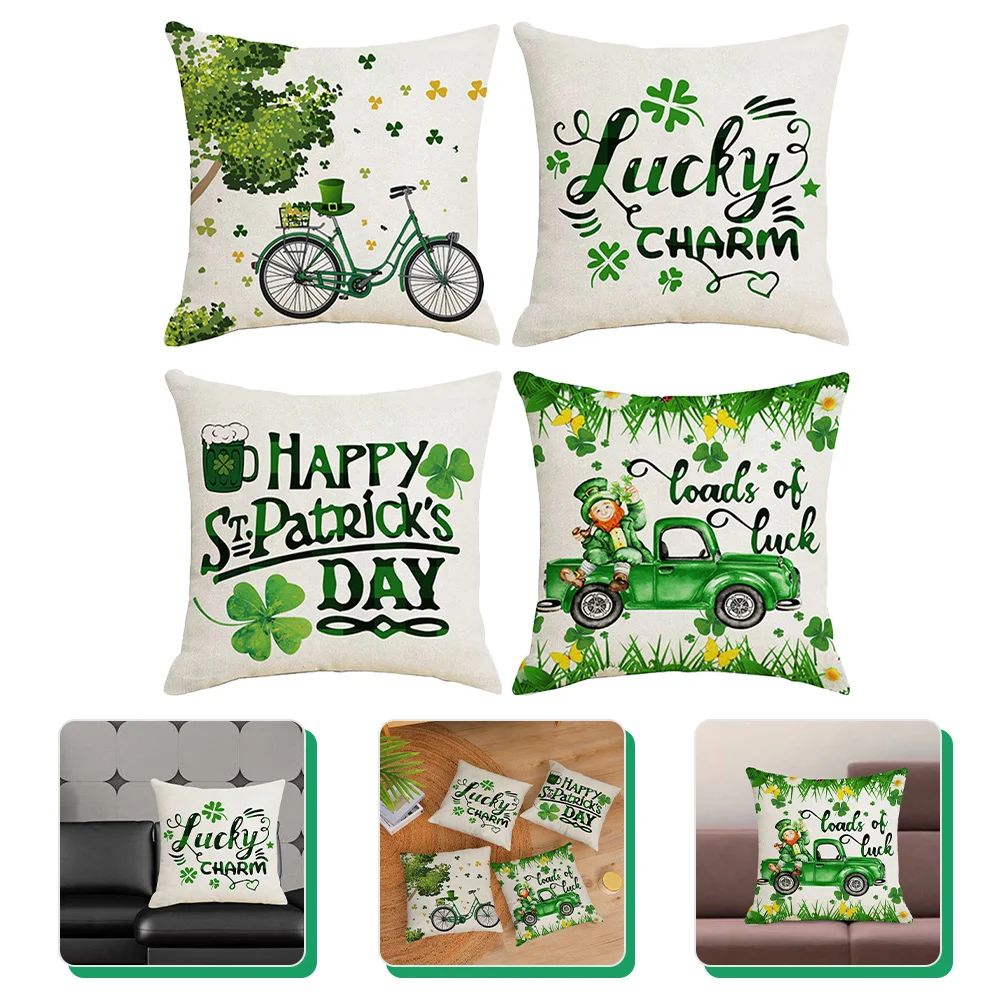 

4pcs Portable Bedroom Compact Shamrock Pillow Cases St Patricks Day Party Favors Sofa Cushion Cases