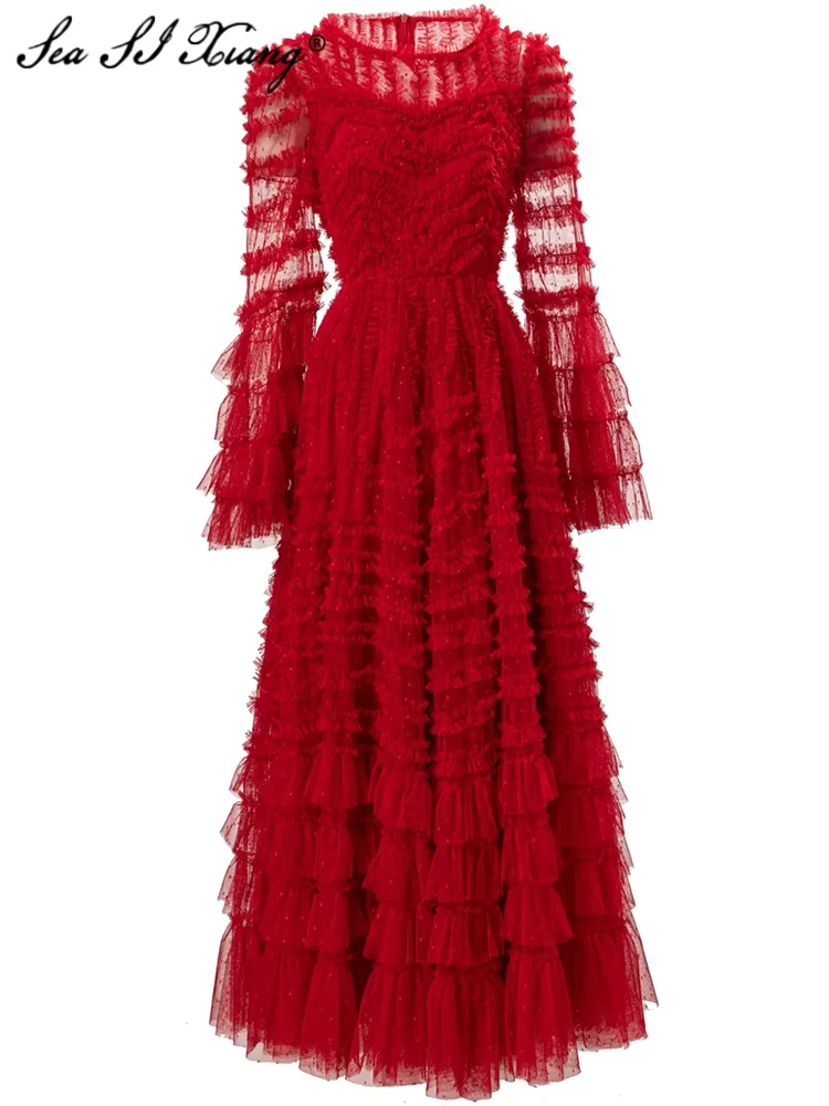 Женское винтажное платье в горошек с круглым вырезом и рукавом-фонариком