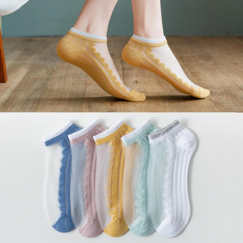 

5 Pairs Women Socks Summer Lace Short Ankle Socks Soft Silk Thin Transparent Spring Solid Kawaii Cute Breathable Sock Slippers