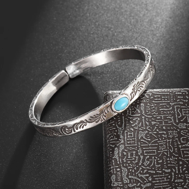 

Retro Fashion Silver Plated Turquoise Carved Tang Grass Totem Bangle Men's Cuff Bracelet Women's Fashion Jewelry