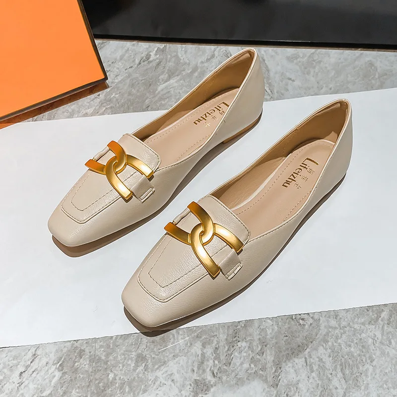 

Туфли-Лоферы женские кожаные, квадратный носок, металлическая пряжка, низкий каблук, без застежки, лоферы, офисная обувь без застежки