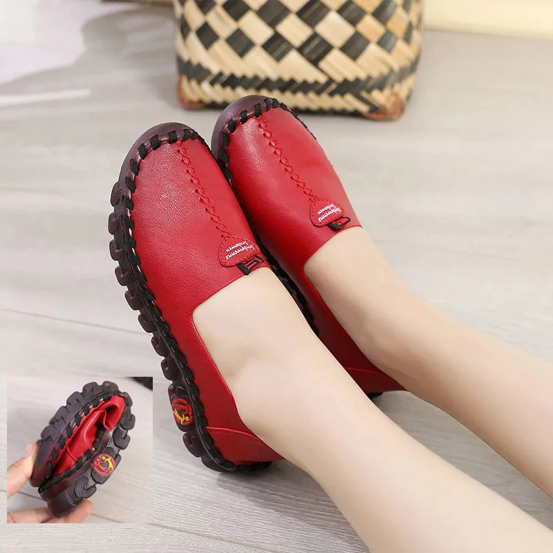 Фото Модные Красные кроссовки в стиле ретро на платформе женские кожаные мокасины из