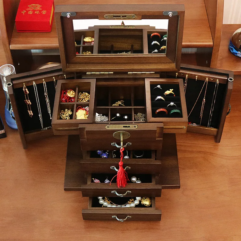 Luxury Multi Layer Jewelry Box Storage Organizer Case Wood Rosewood Vintage Jewelry Storage Box Large Capacity 360 with Lock