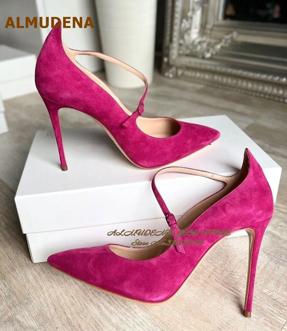 

ALMUDENA Fuchsia Pink Suede High Cut Dress Shoes 12cm 10cm 8cm Thin HIgh Heel Pointed Toe Pumps Buckle Strap Party Footwear US13