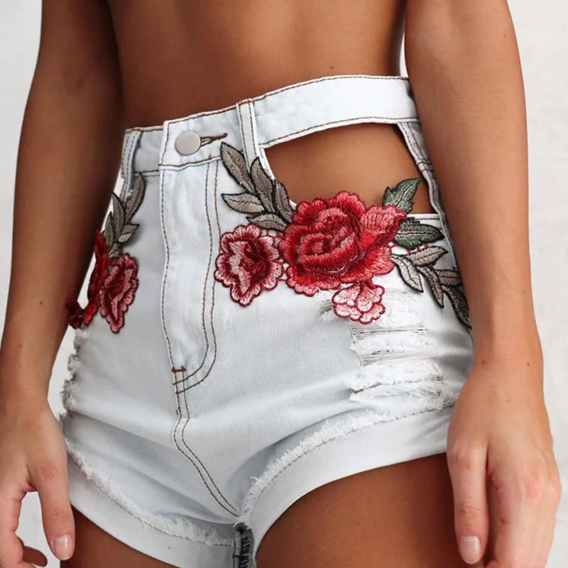 

Women's Summer Low Waist Denim Sexy Hollow Rose Embroidery Solid Color Shorts Loose All-Match Streetwear Europe and American