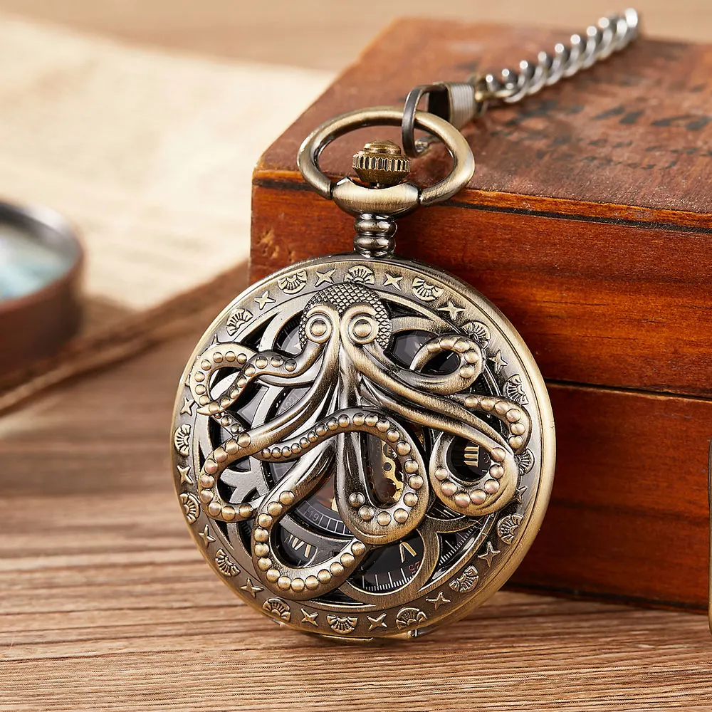 Vintage Retro Skeleton Cute Octopus Animal Mechanical Pocket Watch Mens Fob Chain Golden Automatic Self-winding Women Men Watch