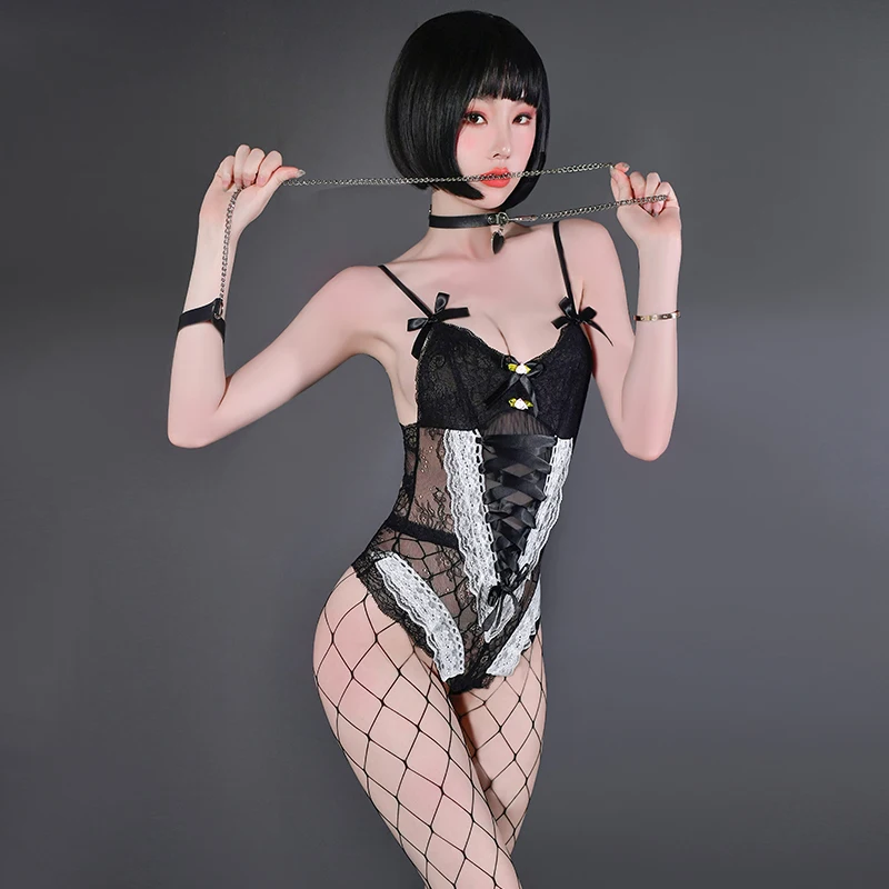

Женское кружевное сексуальное нижнее белье, костюм с вырезами, платье горничной с завязками, косплей, Женский костюм SM, популярная комбинац...