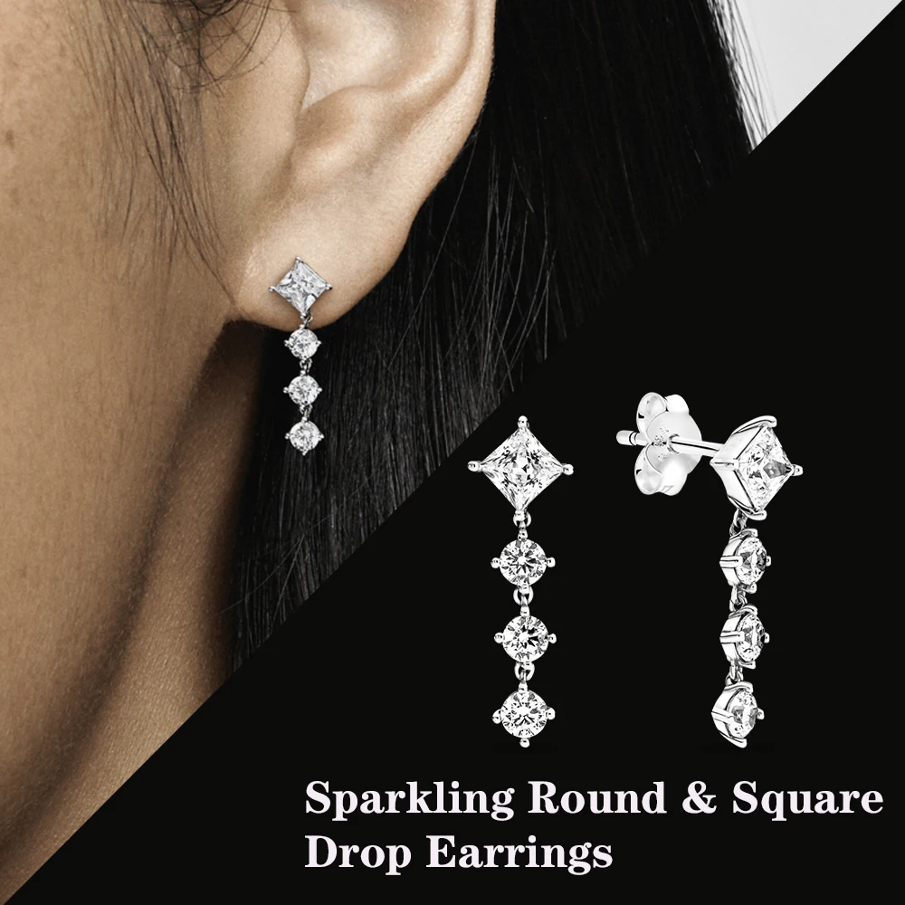 

Luxury Brand Original Sparkling Round Square Drop Earrings Silver Pure Elegant Drop Earrings Girls Engagement Gift Women Jewelry