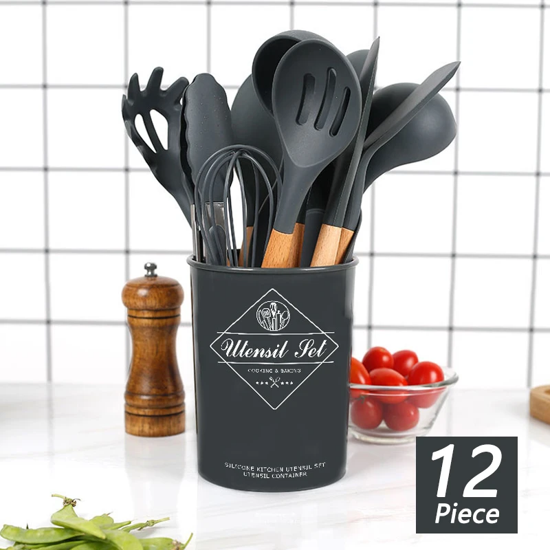silicone kitchen cooking utensil set with storage box non stick cookware for countertop wooden cook gadgets kitchen utensils free global shipping