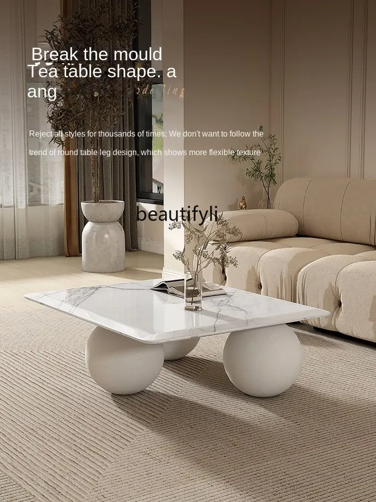 Cream Style Natural Marble Tea Table Silent Small Apartment Modern Simple Solid Wood | Coffee Tables