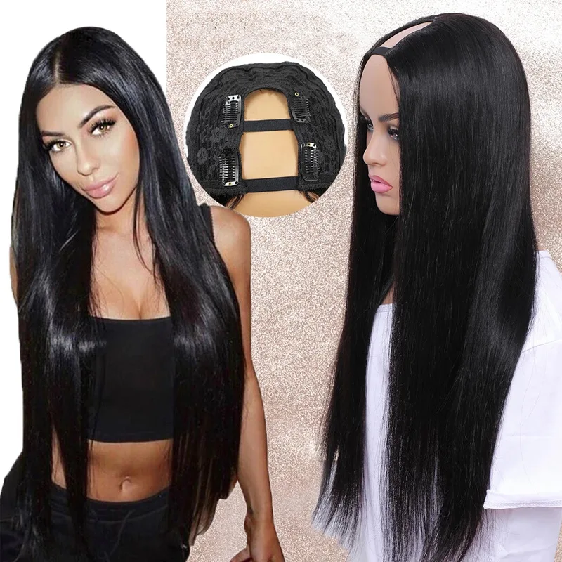 100% Real Human hair U-Part Costume Women wig straight hair Density Glueless wig for black Women