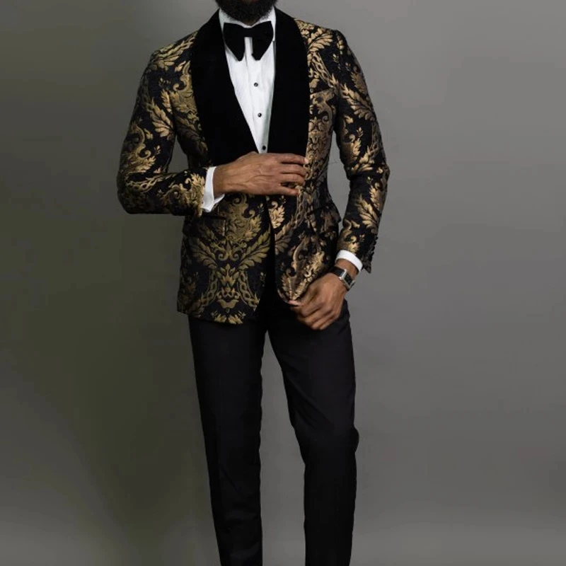 Floral Men Suits for Prom Slim Fit Jacquard Wedding Tuxedo Groomsmen 2 Piece Male Fashion Custom Costume Blazer with Black Pants