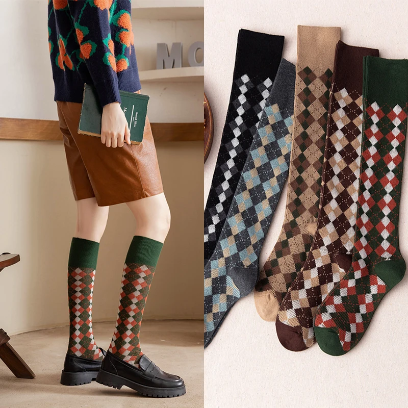 Artsy Vintage College style diamond checked cotton calf socks knee socks girls stockings women