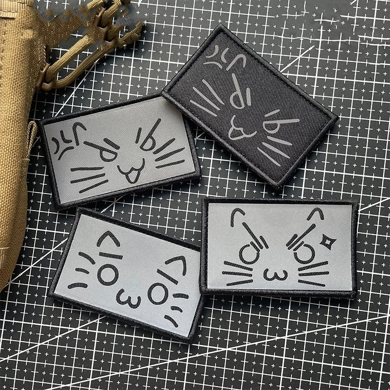 

Cute Cat Expression Morale Badge Embroidered Patch Kitten Armband Sticker Backpack Jacket Reflective Hook and Loop Patches