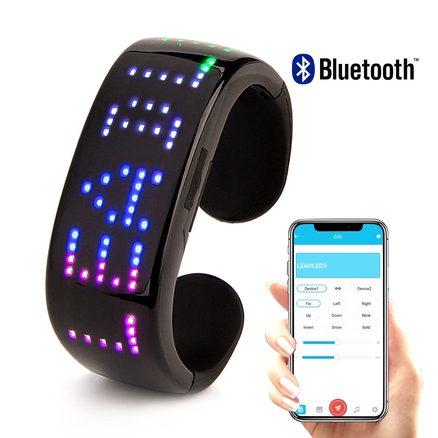 

Monochrome Bluetooth Programmable LED Sports Bracelet, ios Android Mobile Phone APP Control Input Text Symbol Time Display