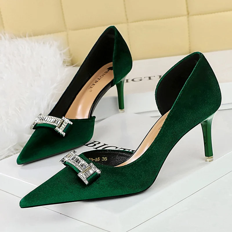 Женские туфли на шпильке 7 см BIGTREE бархатные туфли-лодочки с острым носком и