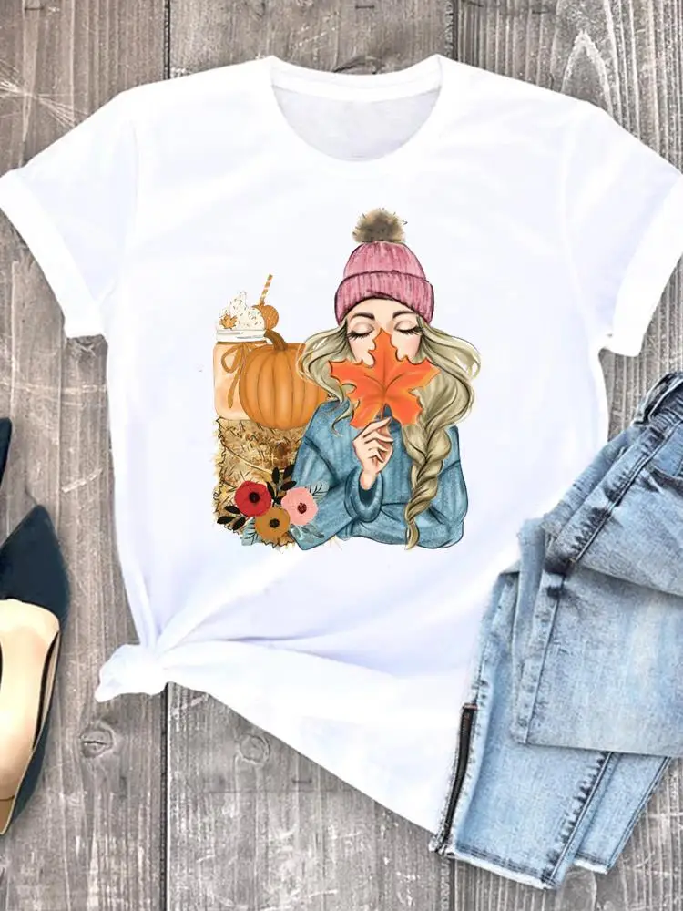 

Футболка женская с принтом, милая стильная футболка с рисунком акварелью, графическая одежда для женщин на осень, Хэллоуин, День благодарения, осень