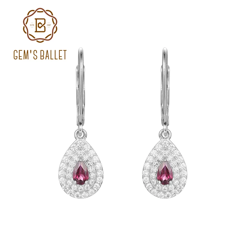 

GEM'S BALLET Dainty Gemstone Earrings 4x6mm Pear Shape Rhodolite Garnet Halo Drop Earrings in 925 Sterling Silver Gift For Her