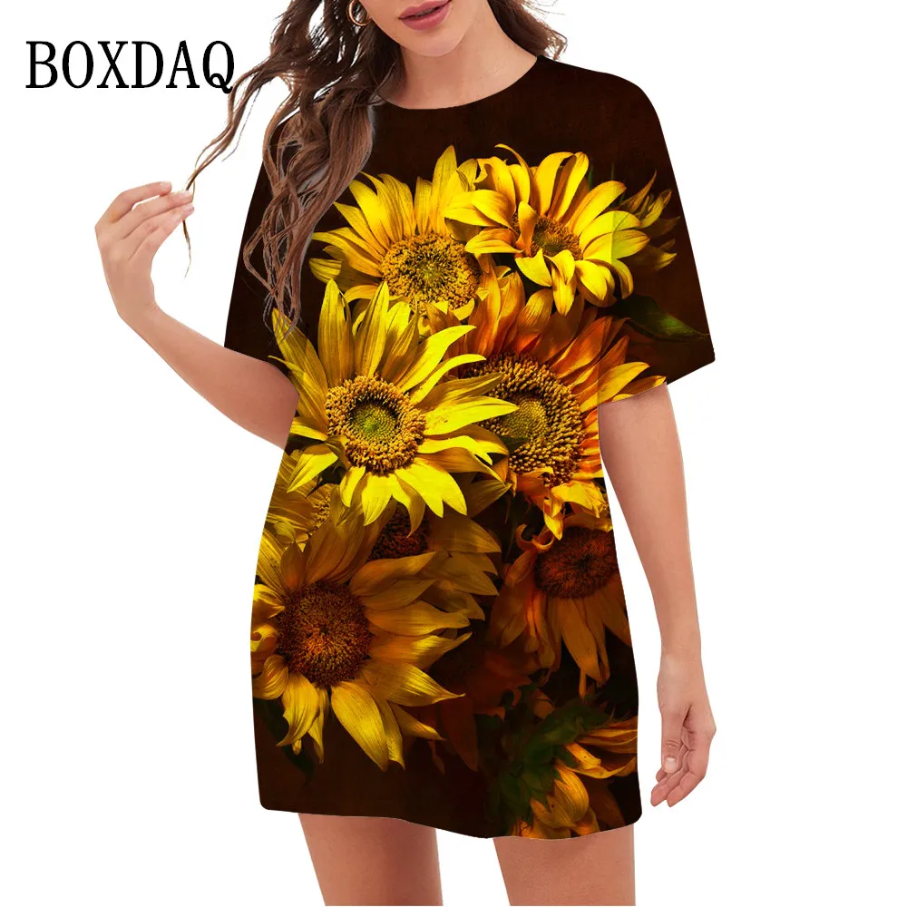 

Golden Yellow Sunflower Graphic 3D Printed Dresses For Women 2023 Summer Dress Short Sleeve Pullover O-Neck Oversized Clothing