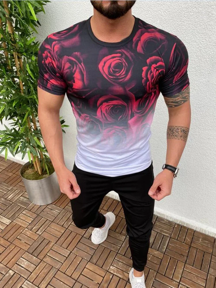 

Summer Fashion Round Neck Short Sleeve Men's T-shirt Casual Flower Gradient Print Pullover Tops Men 2022 Spring Slim Streetwear