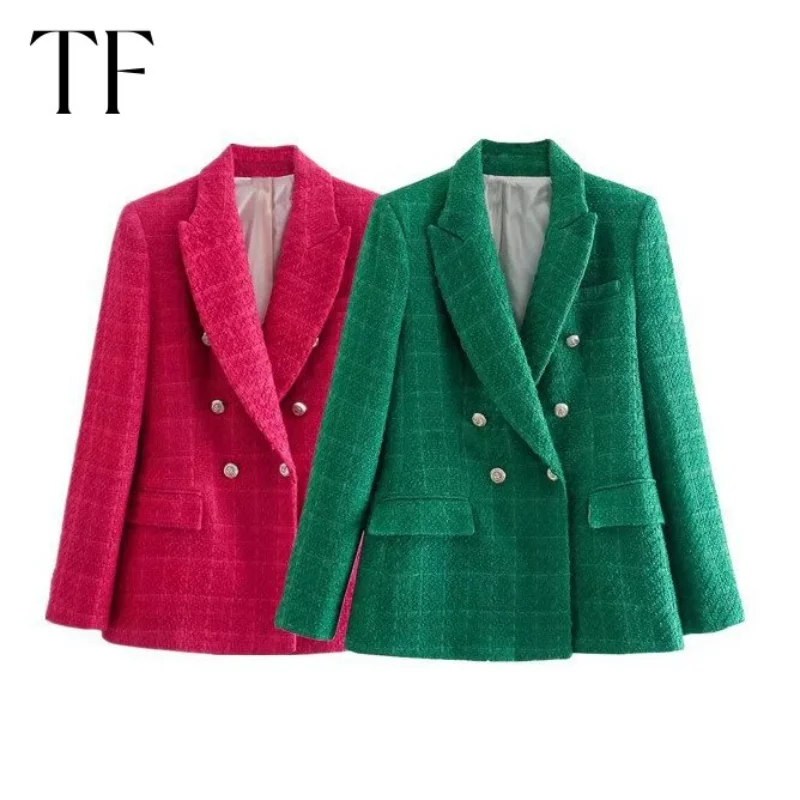 2023 Spring Blazers for Women Clothing Fashion Texture Blazer Suits Vintage Long Sleeve Outerwear V Neck Pocket Chic Green Coats