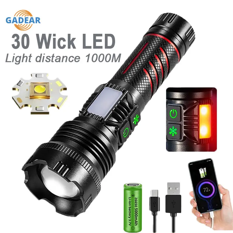 

High Power LED Flashlight Torch with 30W Wick and Double Side Lights Lighting Distance 1500M Waterproof Tactical Hunting Lights