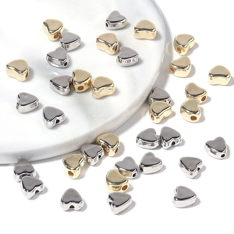 

5pcs CCB Gold Silver Horizontal Straight Hole Shiny Heart Beads Bracelet Pendant Jewelry diy Semi-Finished Product Beaded Loose