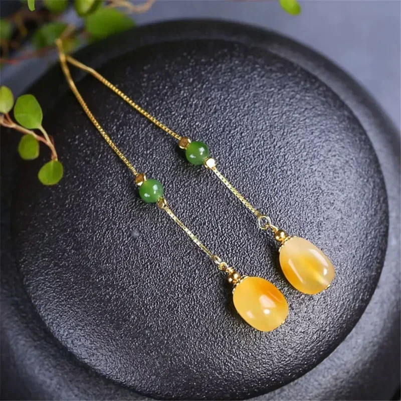 Женские серьги из серебра 925 пробы с натуральной сырой рудой и янтарем