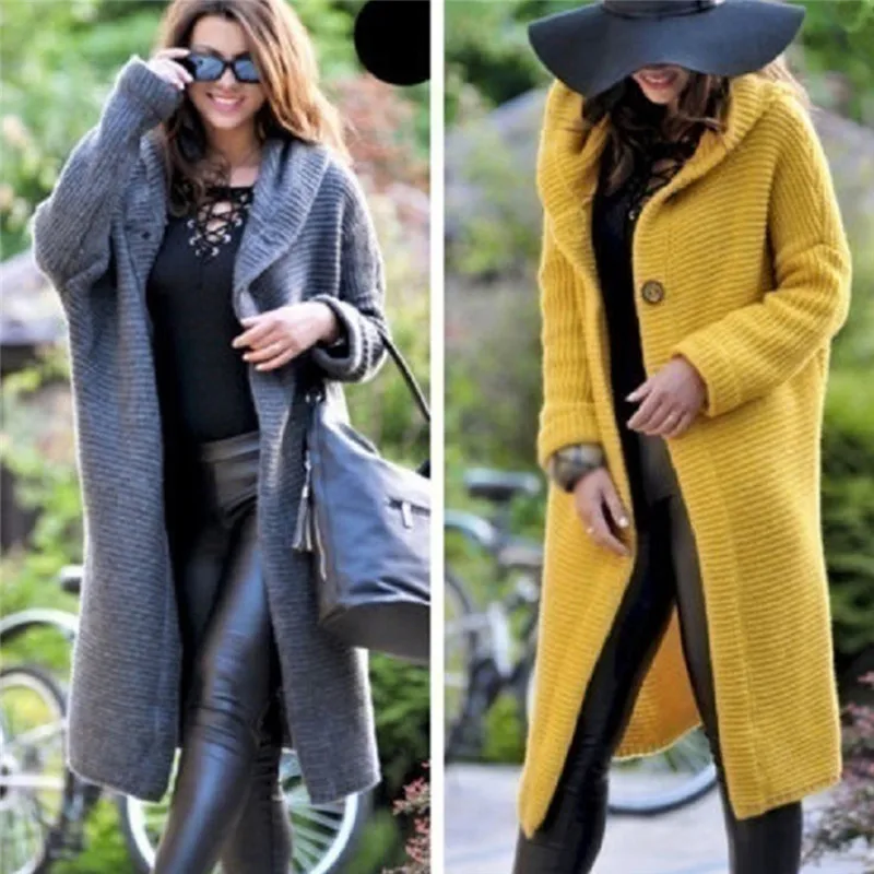

Spring Autumn Winter Women Solid Long Sweater Loose Knitting Cardigan Hooded Coat Office Lady