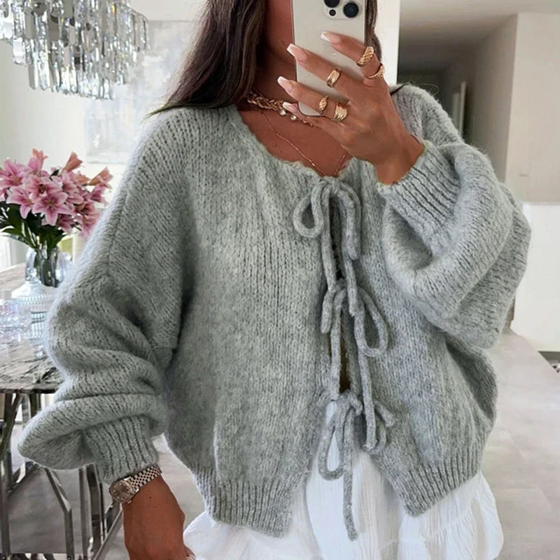 Элегантный женский модный вязаный свитер Y2K джемпер винтажные кардиганы с бантом