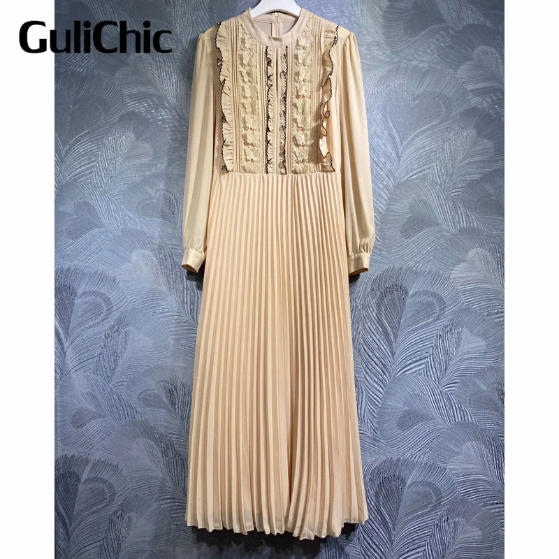 7.4 GuliChic Women Elegant Fashion Butterfly Embroidery Design Patchwork Pleated Long Dress