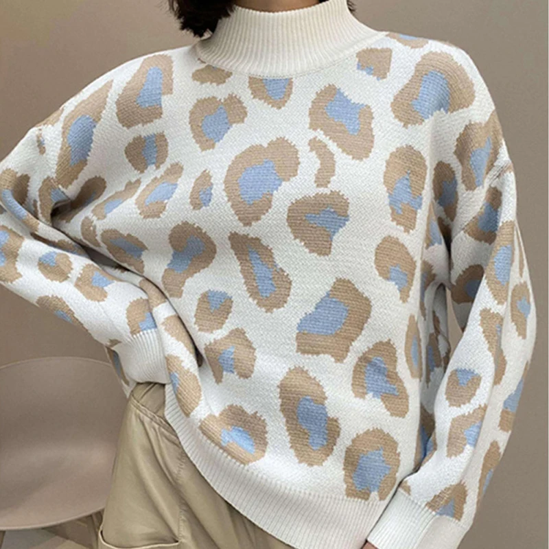 

Зимние женские свитера ASHEYWRASHEYWR, полуводолазка с леопардовым принтом, пуловер с длинным рукавом, винтажные теплые вязаные свитера для женщи...
