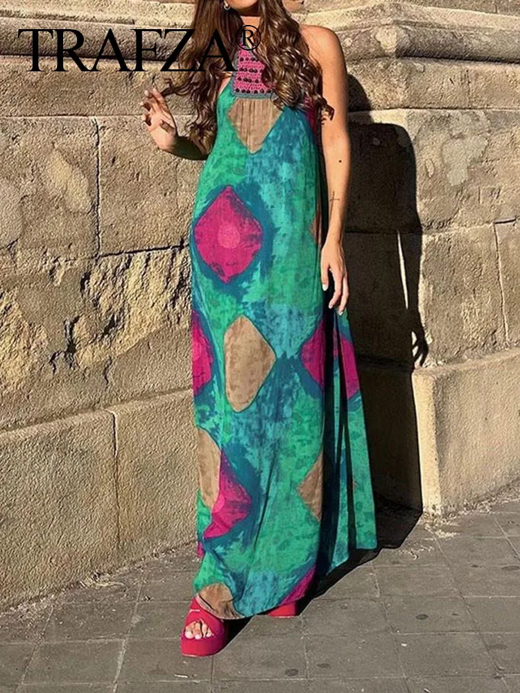 

TRAFZA Woman Fashion Chic Print Beads Halter Dress Sexy Sleeveless Backless Long Dresses 2023 Summer Female Beach Dresses