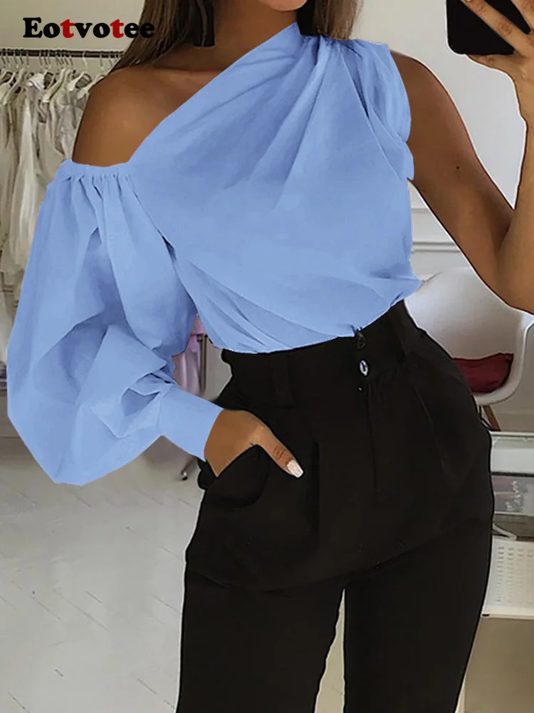 

Summer Sexy Blouses Women Skew Collar Off Shoulder Long Sleeve Solid Chic Shirts 2023 New Fashion Elegant Casual Tops