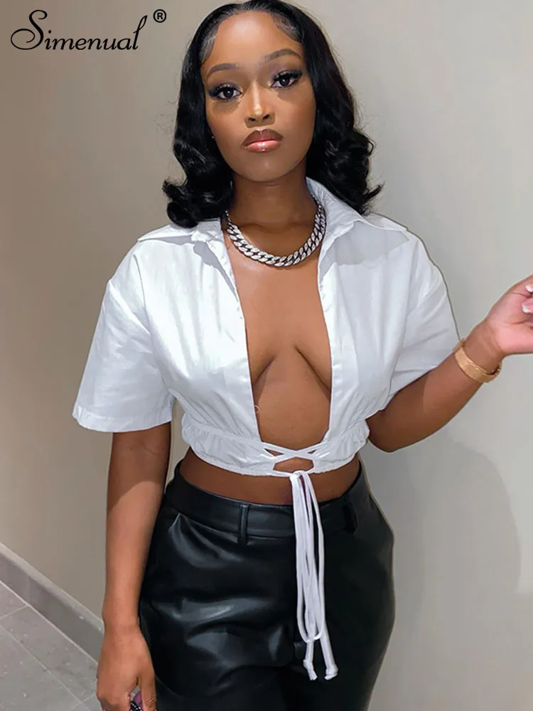 Simenual белая футболка поло для женщин Y2k базовый простой крест-накрест на шнуровке