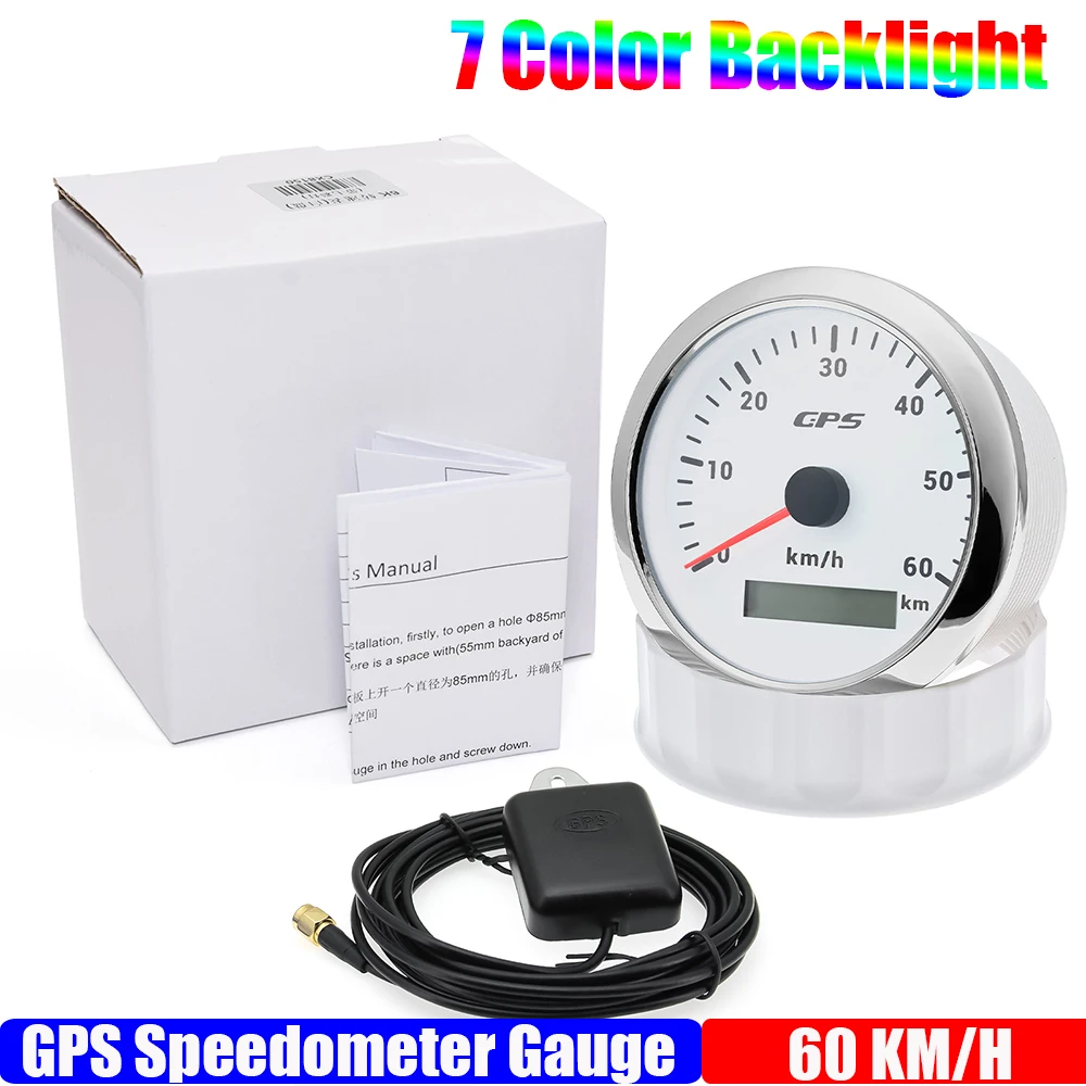 

Водонепроницаемый IP67 85 мм GPS датчик скорости 7 цветов подсветка 0 ~ 120 км/ч датчик скорости для лодки автомобиля мотоцикла с GPS антенной 12 В 24 В