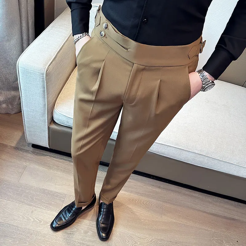 Naples Men Pure High Waist Casual Suit Pants New Belt Design Slim Fit Trousers British Style Business Social Formal Dress Pants