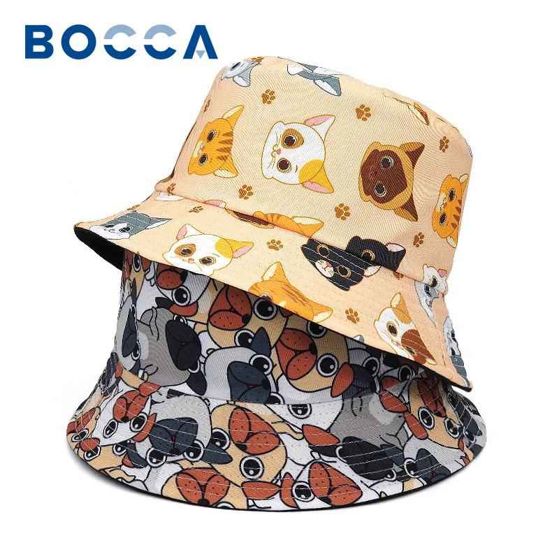 

Bocca 2023 New Cartoon Bucket Hat Dog Cat Print Double Sides Reversible Unisex Panama Fisherman Hats Cute Cap Summer Streetwear