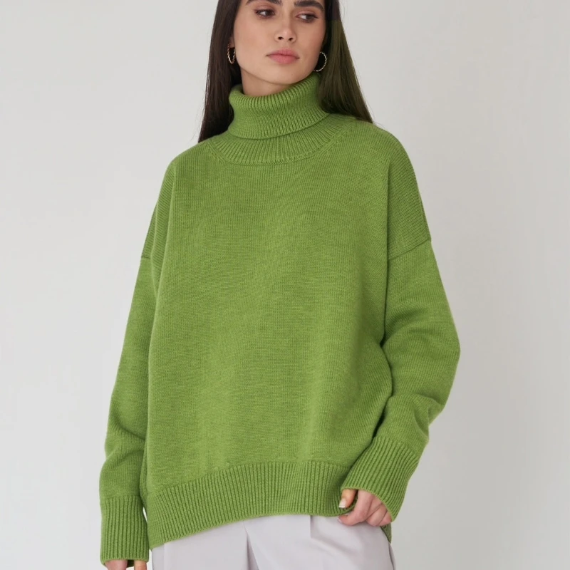 

Women Chic Turtleneck Sweater Autumn Winter Loose Knitted Jumper Top Female Daily Casual Solid Color Outerwear Pullover Sweater