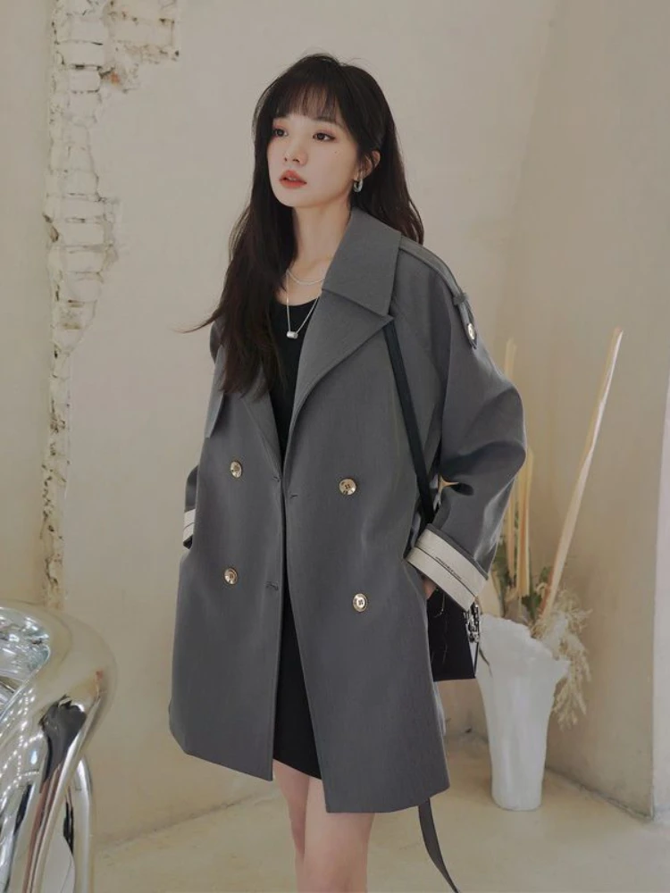 

Women Coat 2023 Winter Clothes Jacket Trench Solid Long Sleeved Tops Lapels Double Row Buttons Short Windbreaker Ladies Work