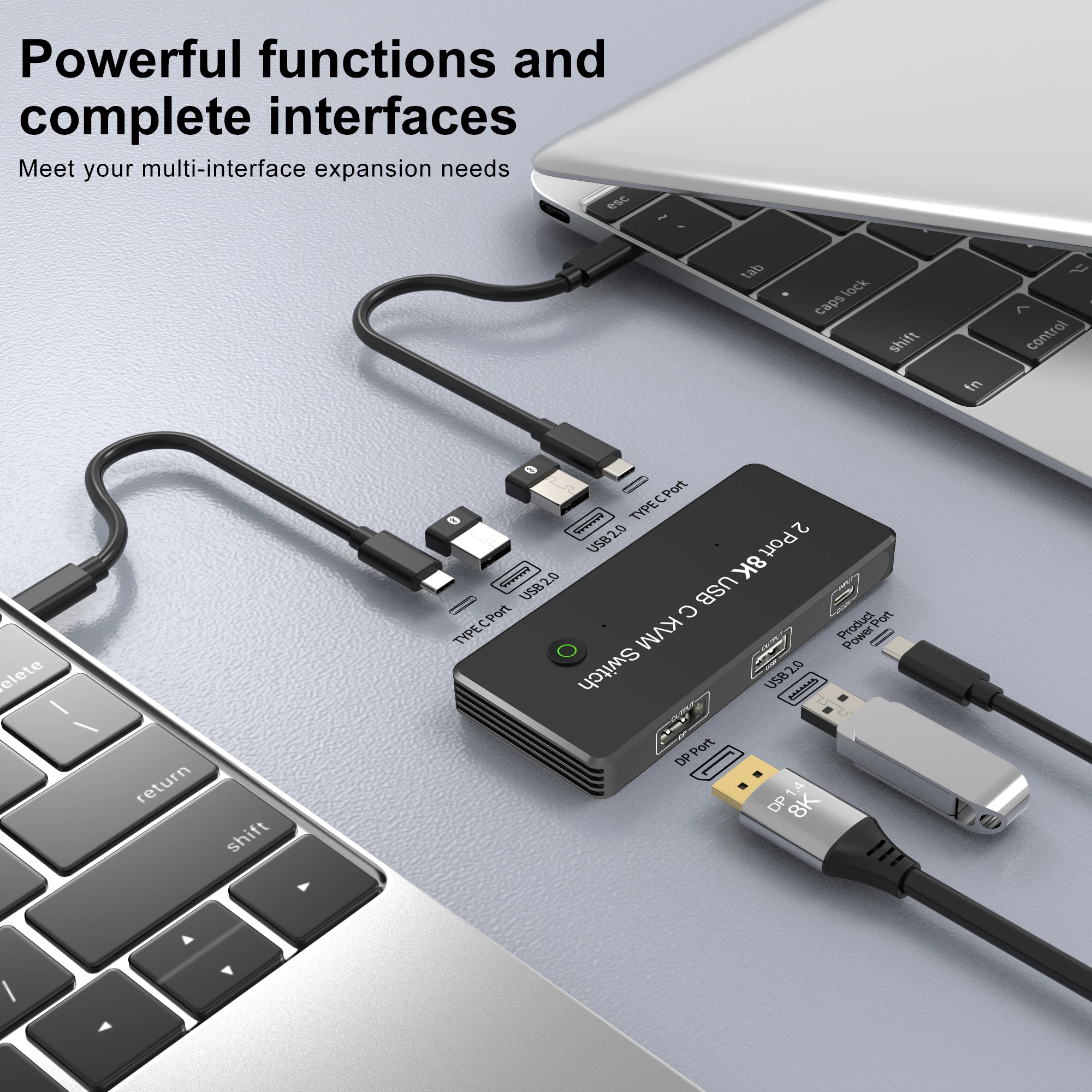 Фото KVM-переключатель USB C, 2-портовый KVM-переключатель 8K, 8K, 60 Гц, 4K при 144 Гц для 2 ноутбуков, монитор с выходом видео USB-C — DP1.4 и концентратором для передачи данных 3xUSB2.0 №5
