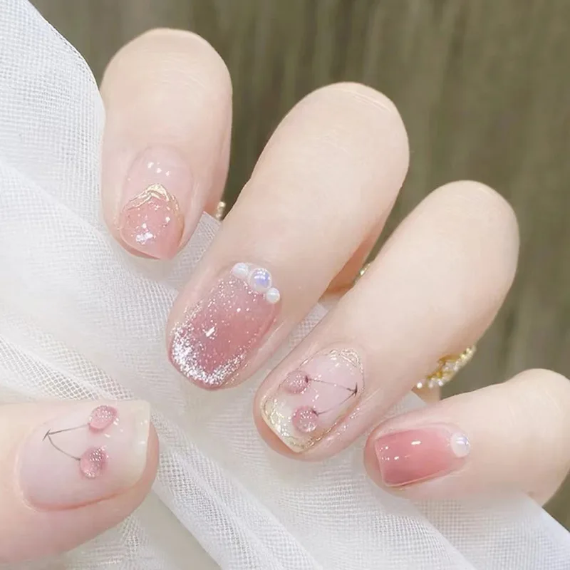 

24Pcs/Box Cherry False Nails Pink with Glue Short Ballerina Wearable Fake Nails Acrylic Art Full Cover Press on Nails Tips